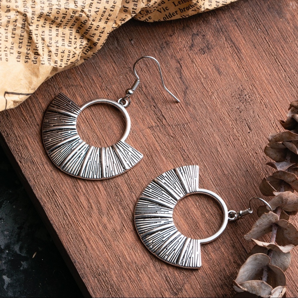 Silver Boho Flared Drop Earrings - Picture 2 of 4